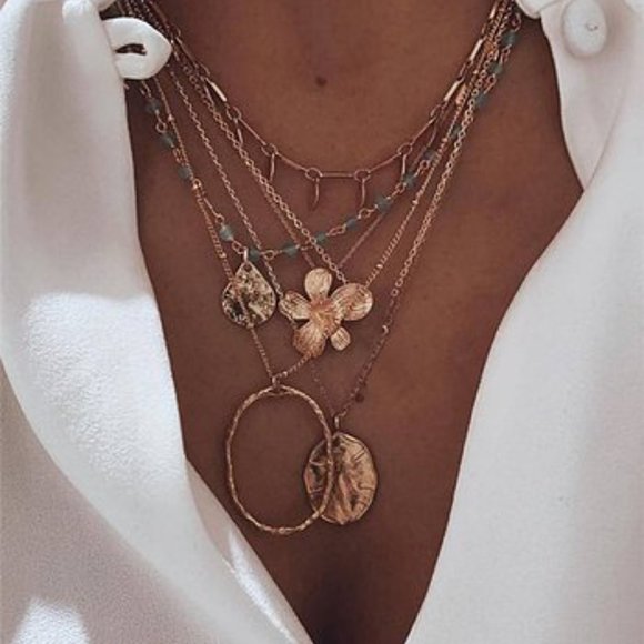 Lady Arya Bohemian Festival Aqua & Gold Floral Necklace Chain Layered Hammered - Picture 1 of 12